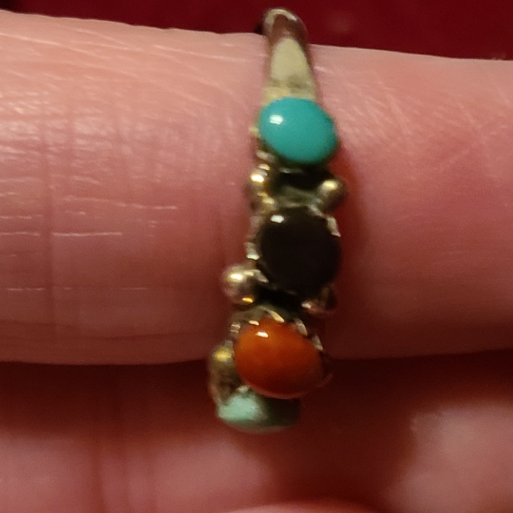925 Vintage Multi Gemstone Ring 6.5 Band Southwestern Turquoise Sterling Silver - Picture 8 of 12